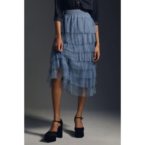 NWT by Anthropologie Tiered Tulle Midi in Sky Blue Layered Skirt S - Picture 2 of 7